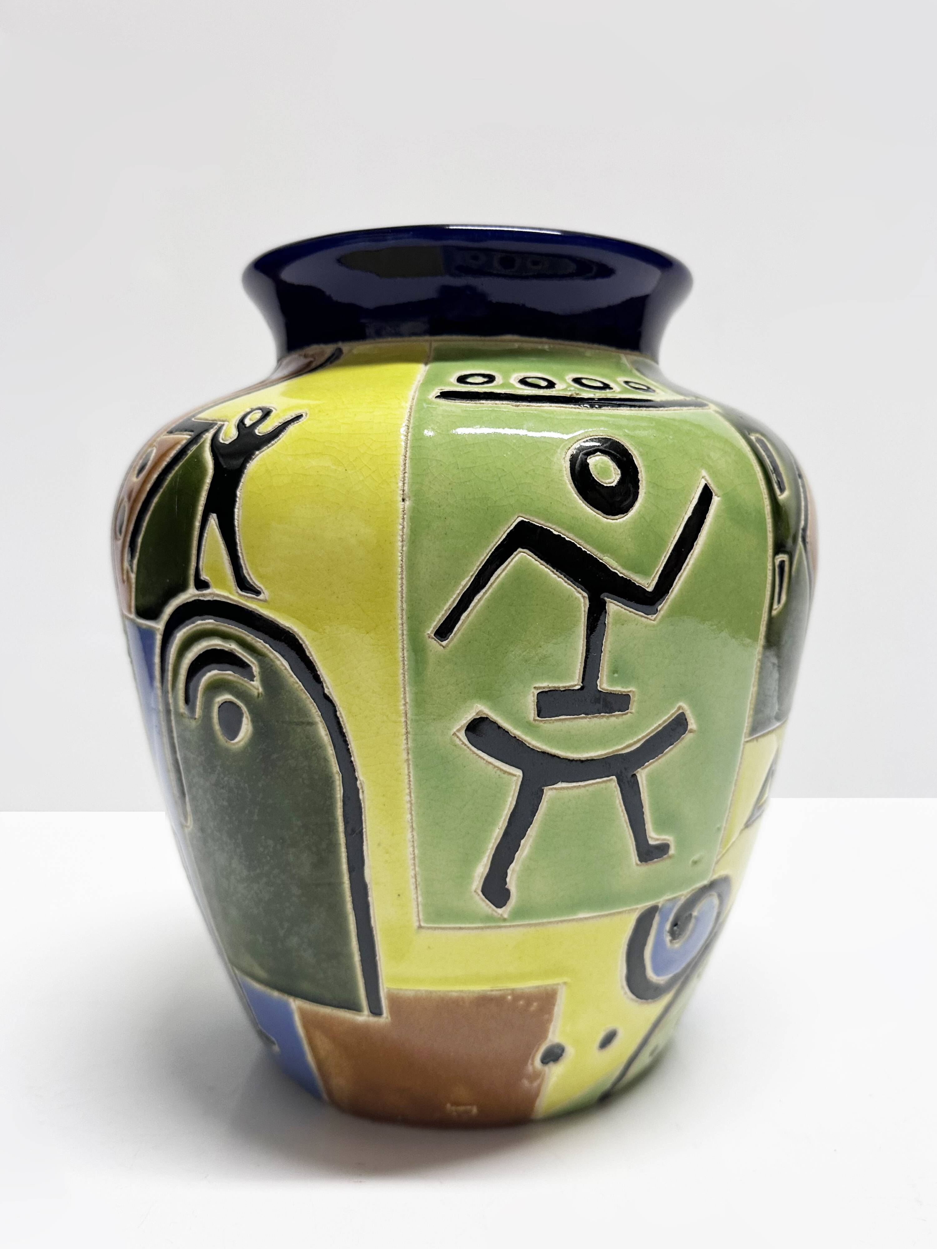 Glazed ceramic vase with Africanist decoration, France 1980s.