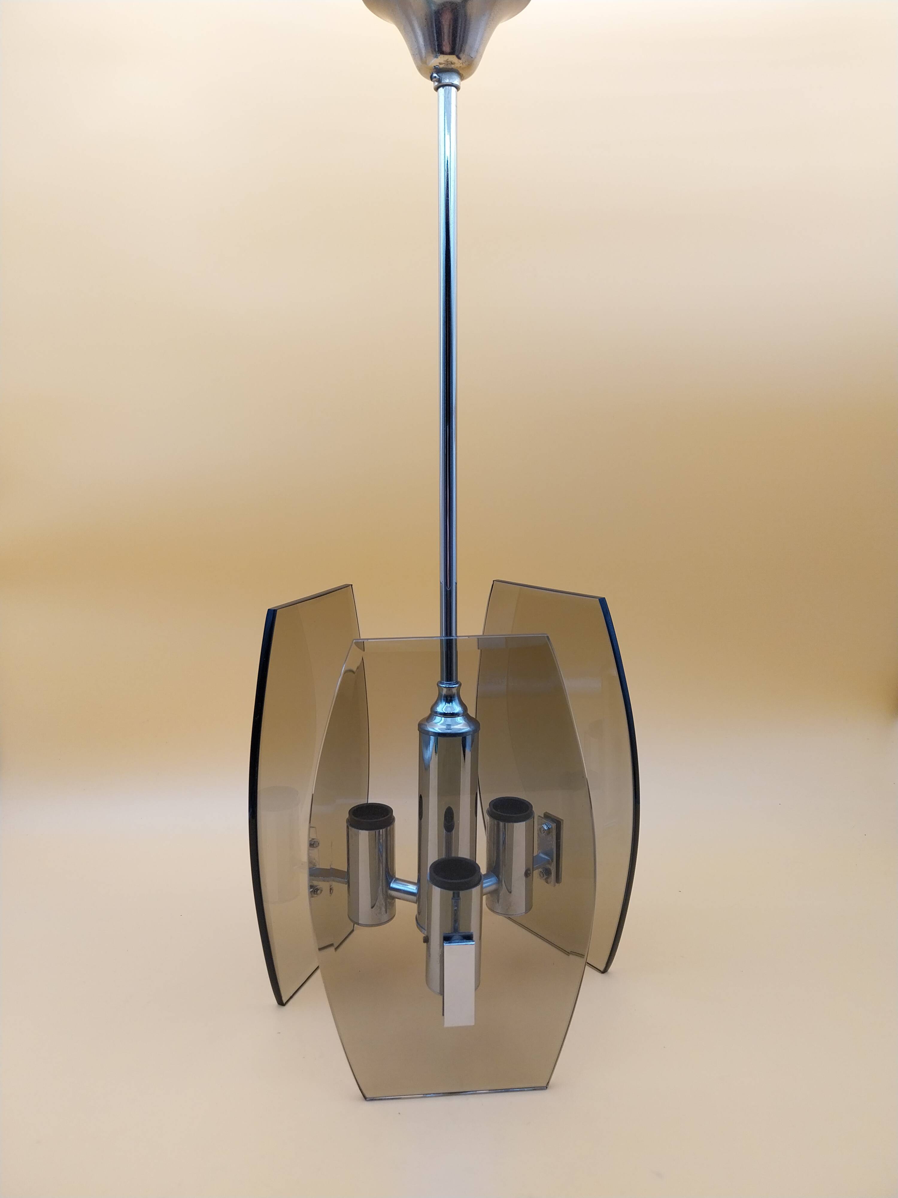 Chrome and smoked glass ceiling pendant from the 1970s.