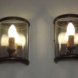 Pair french country brass & curved glass wall lights mirrored back plate 3965