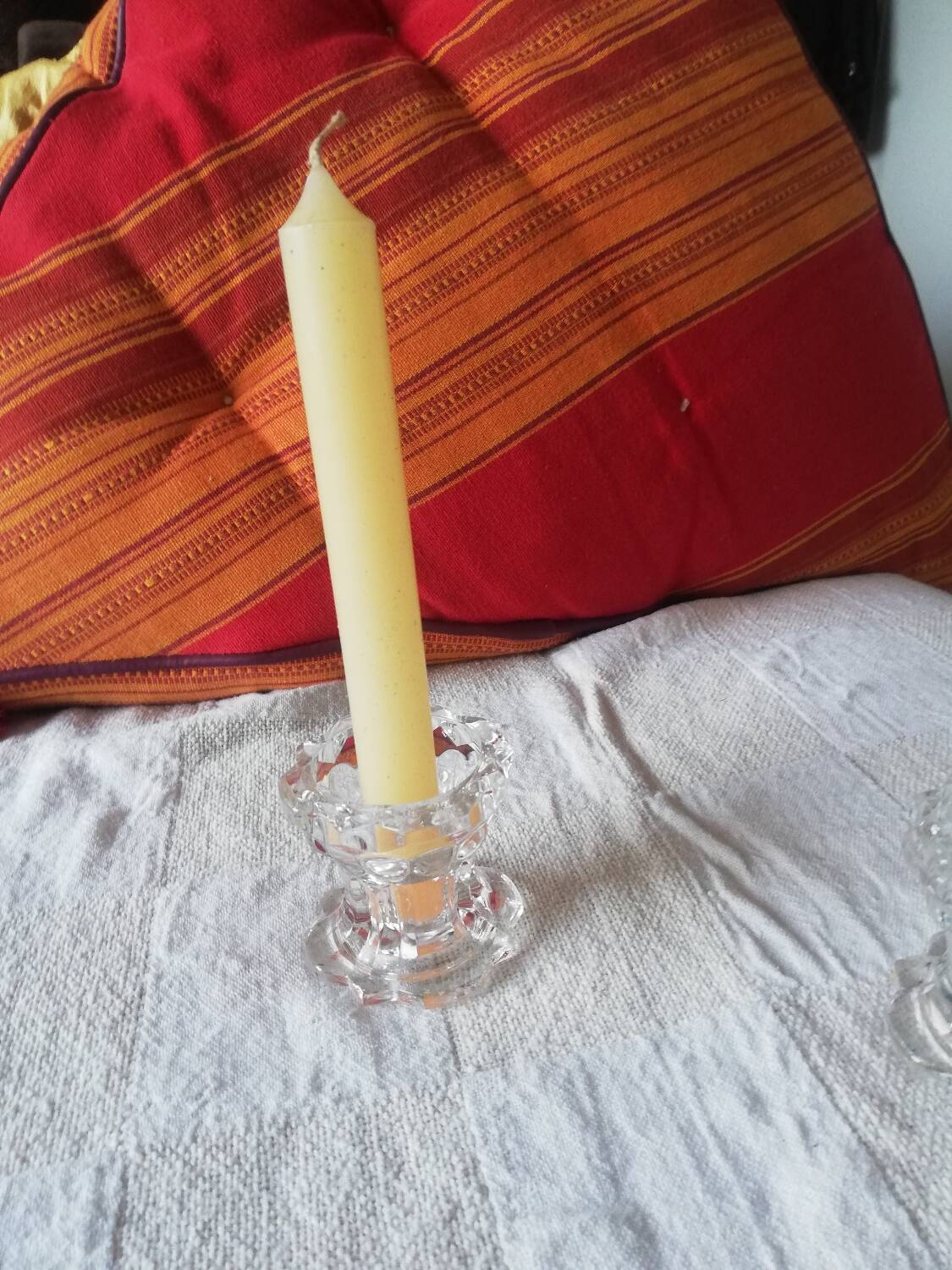 Set of two vintage glass candlesticks, transparent, France, Reims.