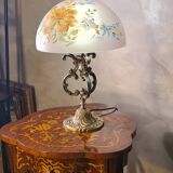 Bronze lamp painting on lampshade signed glass 47x28