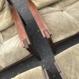 Wood & Leather Armchairs With Pouf, Set of 4