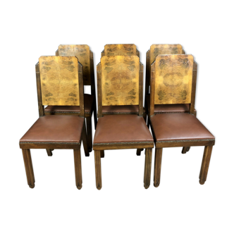 series of 6 chairs Art Deco era blond mahogany.