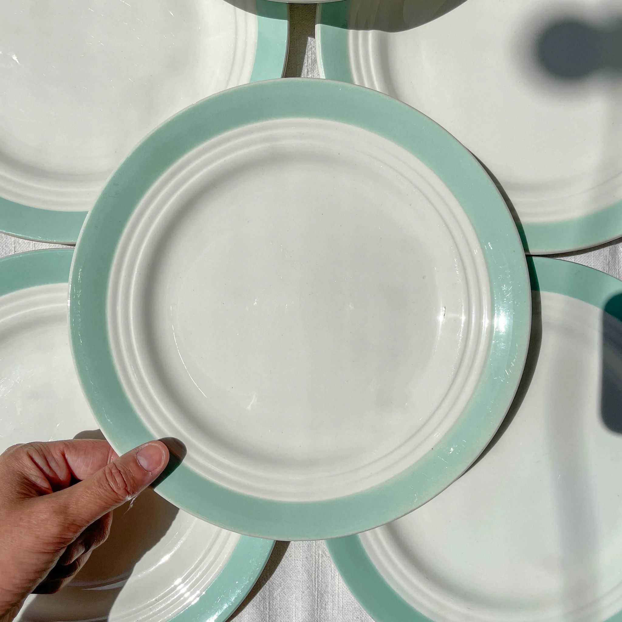 8 vintage French white and green porcelain plates from Céranord