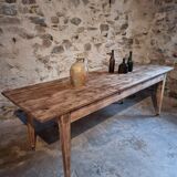 Antique French pine dining table, large farmhouse table on wheels, 19th century.