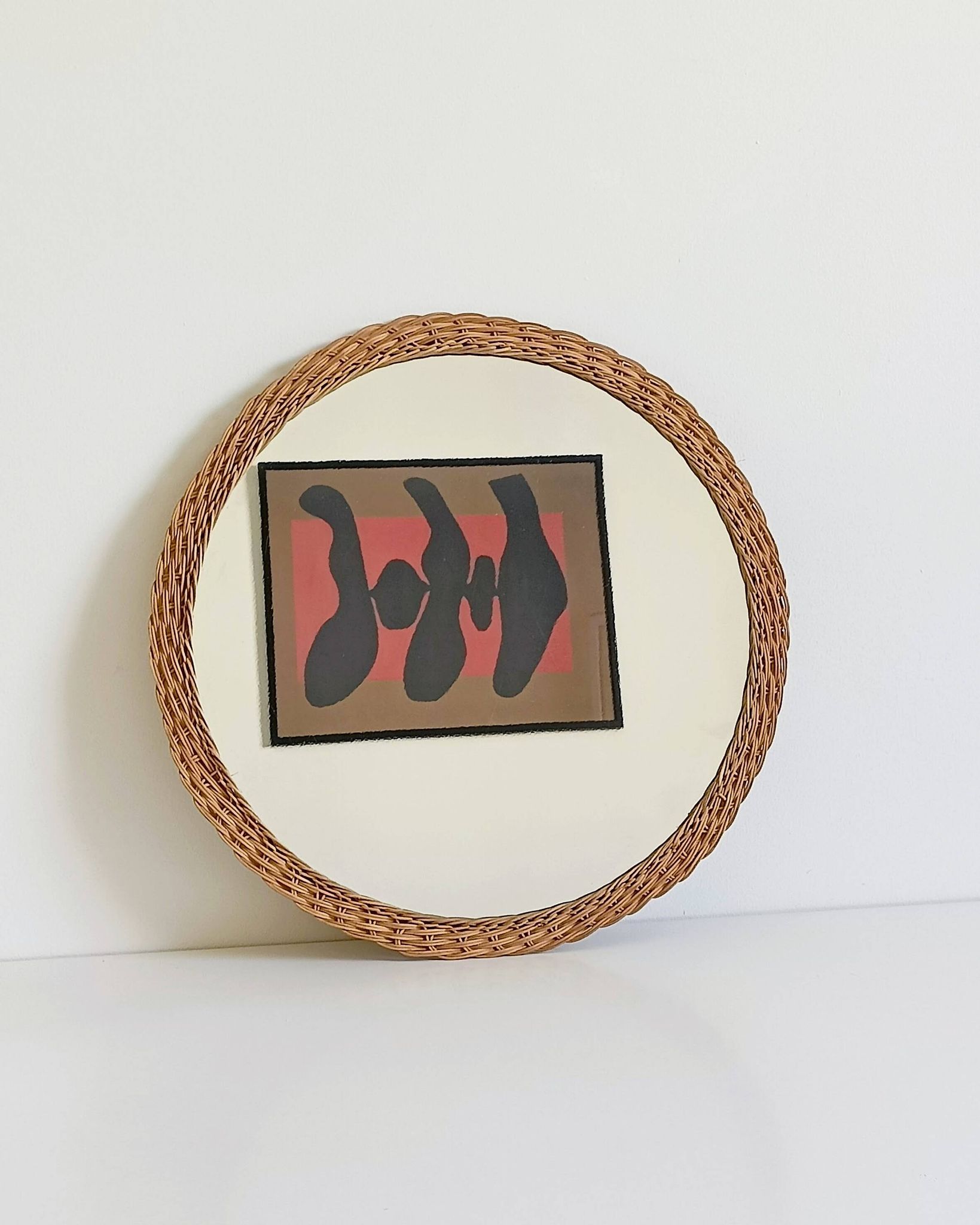Rustic French Provence Wicker Round Mirror, Mid-Century, Handmade, France