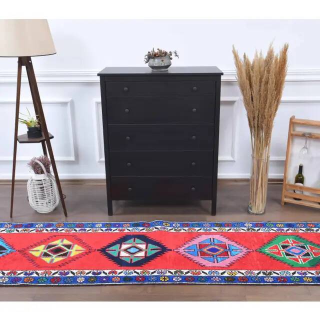 Vintage Turkish Oushak Handmade Wool Cotton Red Runner Rug 77x420