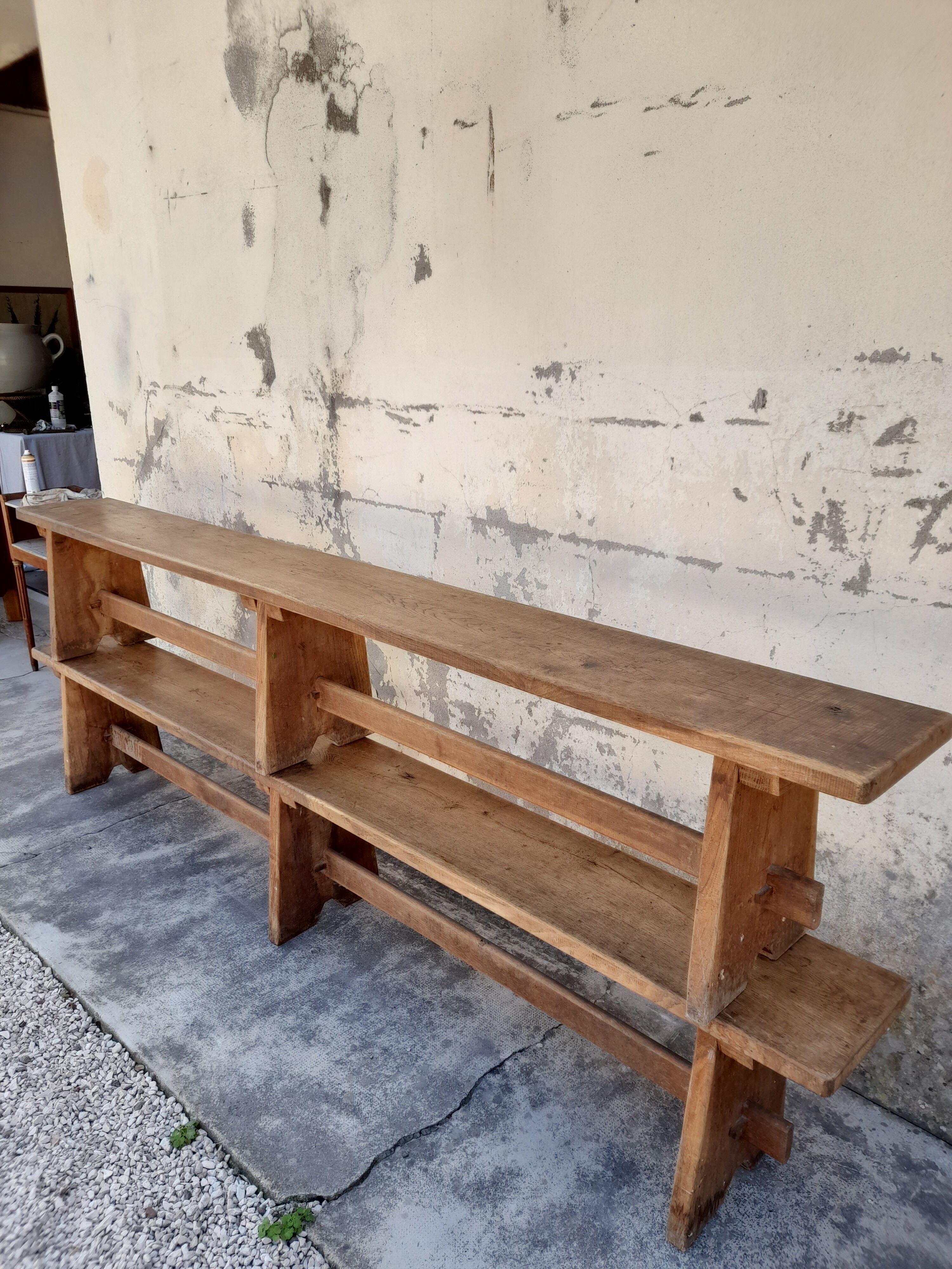 Pair of oak old farm benches 2m71