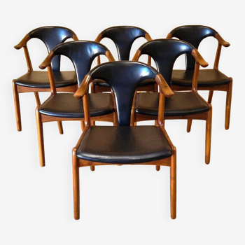 Series of six "cow horn" chairs in solid teak and black leather, HP Hansen