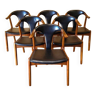 Series of six "cow horn" chairs in solid teak and black leather, HP Hansen