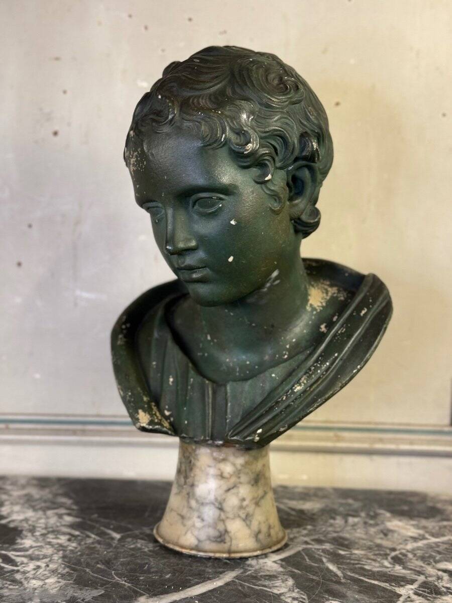 Young Boy, Plaster Bust with Green Patina, Circa 1900