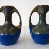 Pair of porcelain stoneware vases with flamed effect, signed Alphonse Mouton, 1960s