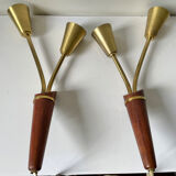 Pair of scandinavian midcentury wall lights sconces in brass & teak