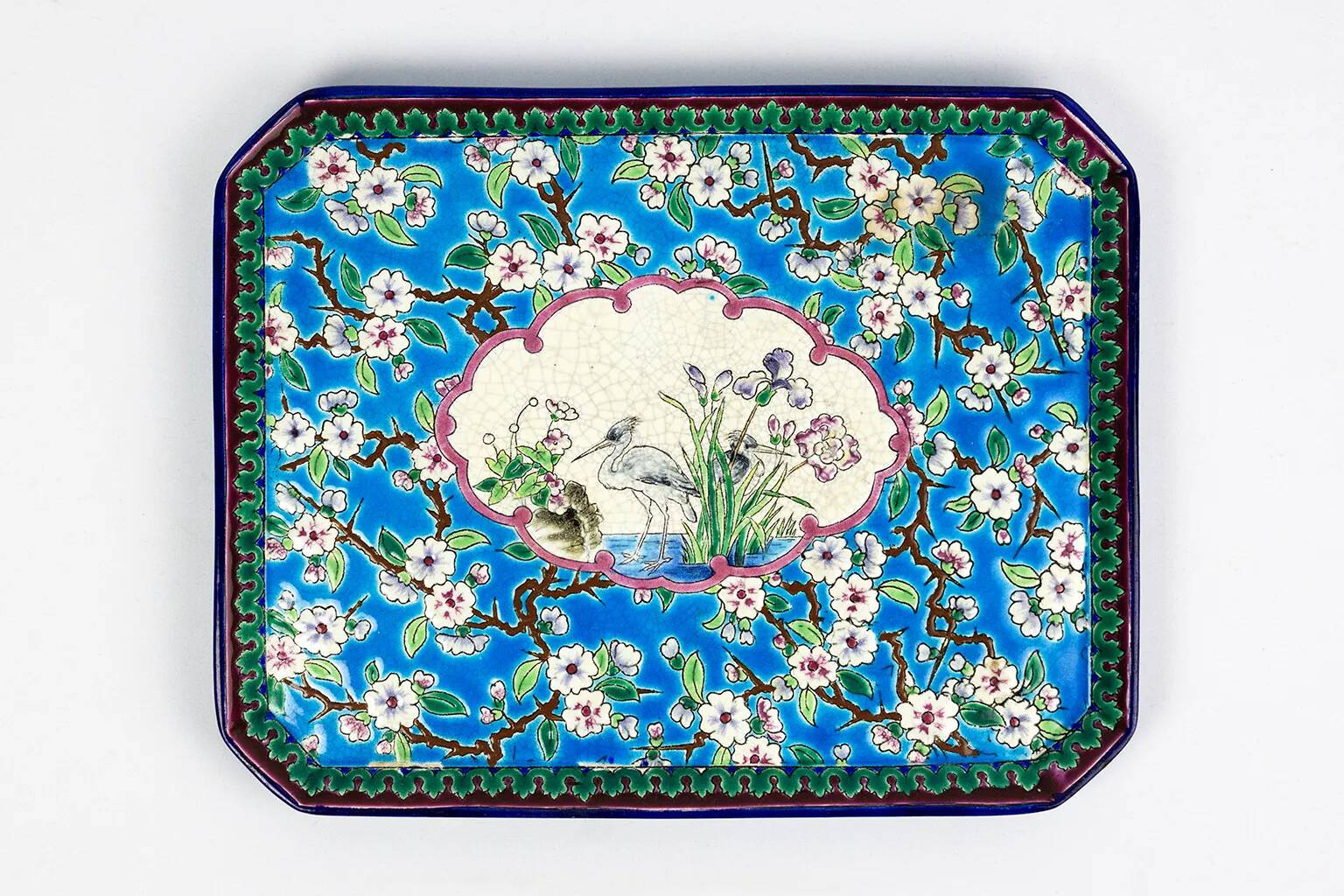 Enamelled earthenware plate – Apple blossom and cranes – Longwy, 1894