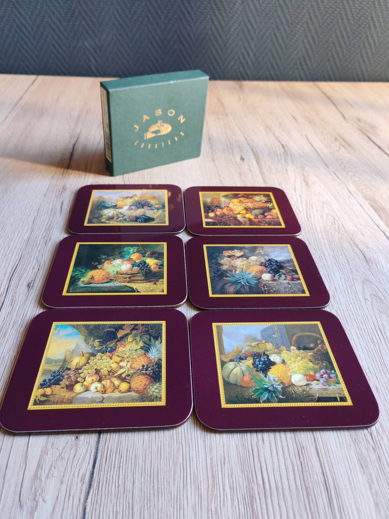 Set of 6 vintage Jason "Still Life Fruit" coasters, cork and durable.