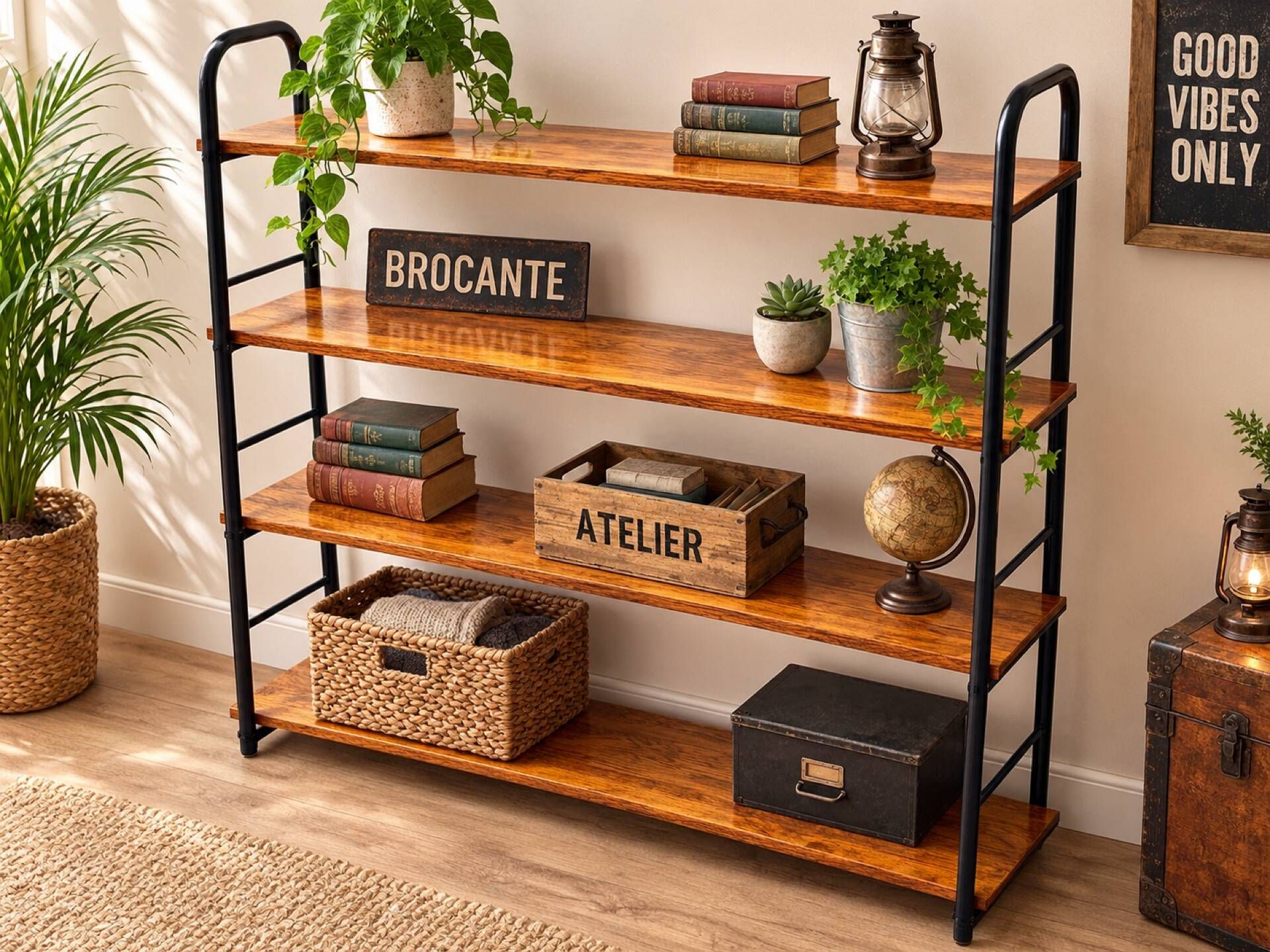 Low freestanding wooden and metal bookshelf, Omnia style – 1960