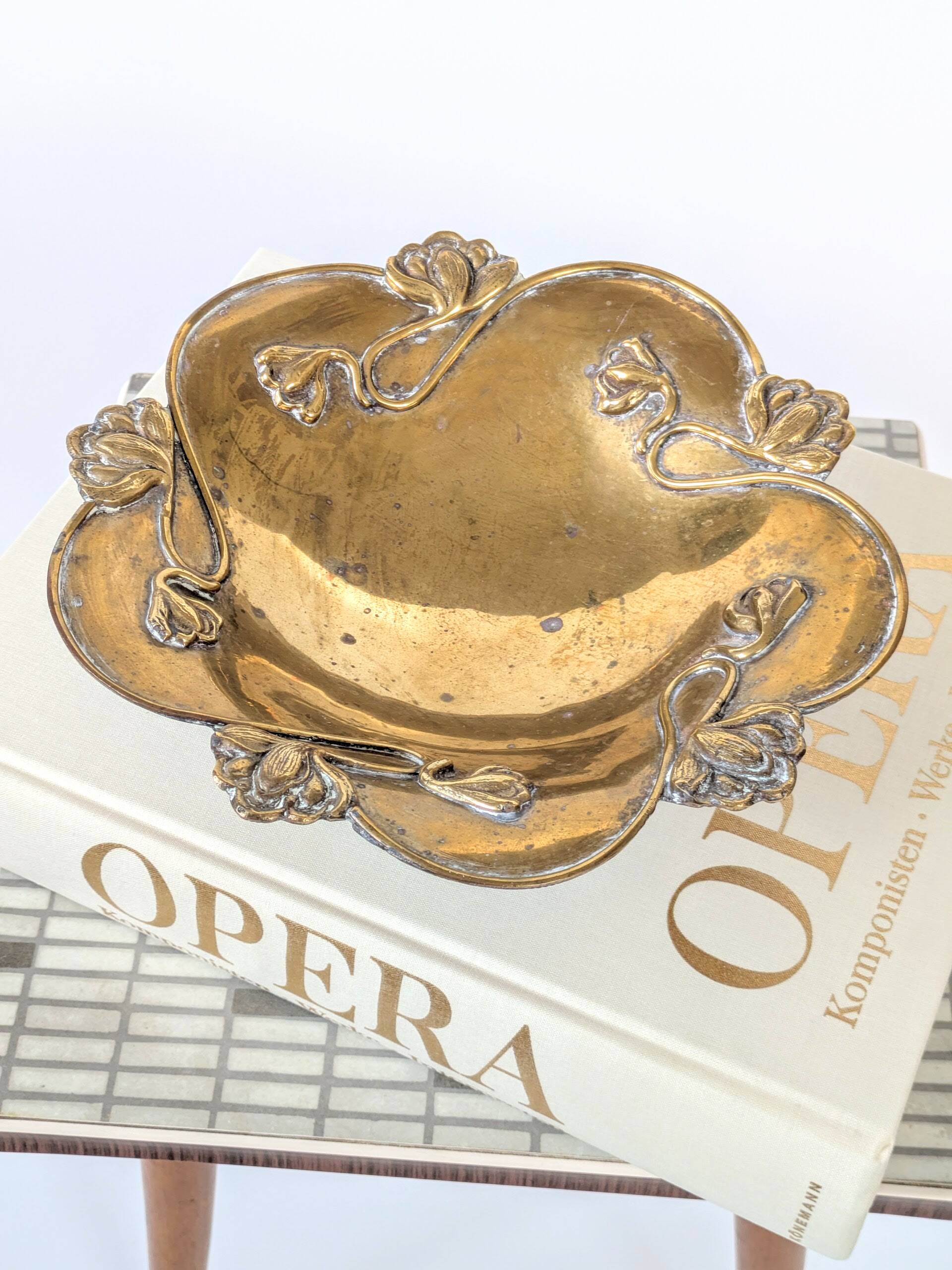 Brass Footed Bowl | Antique Art Nouveau Floral Motif