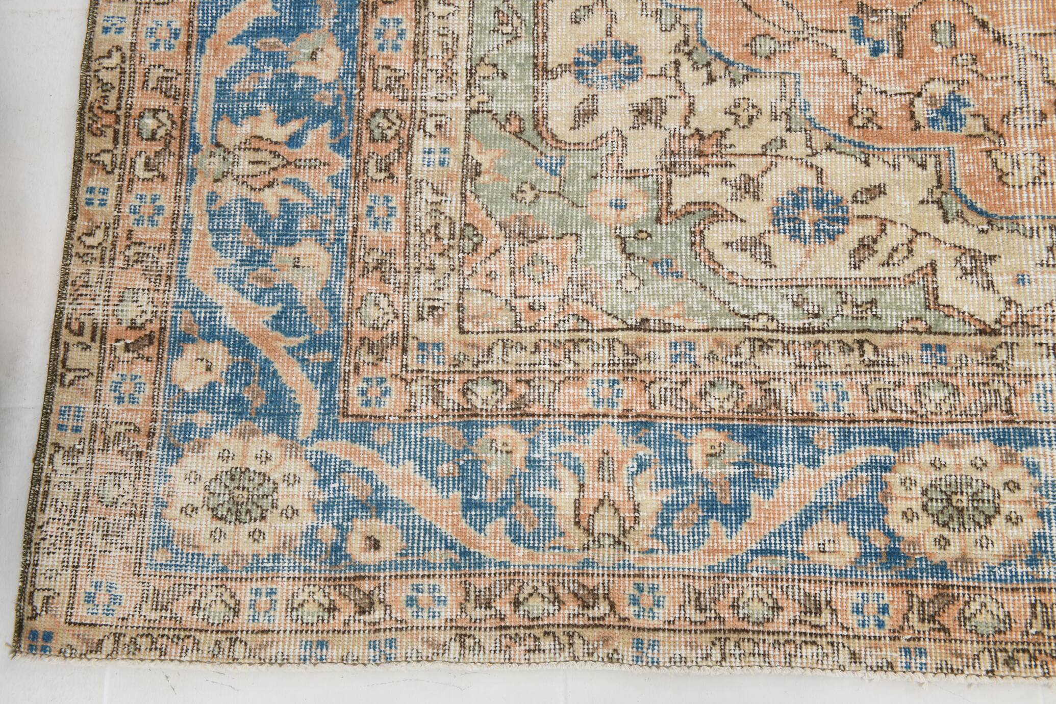 Soft Peach & Blue Oushak Vintage Rug, Made in Anatolian, 220x304 Cm