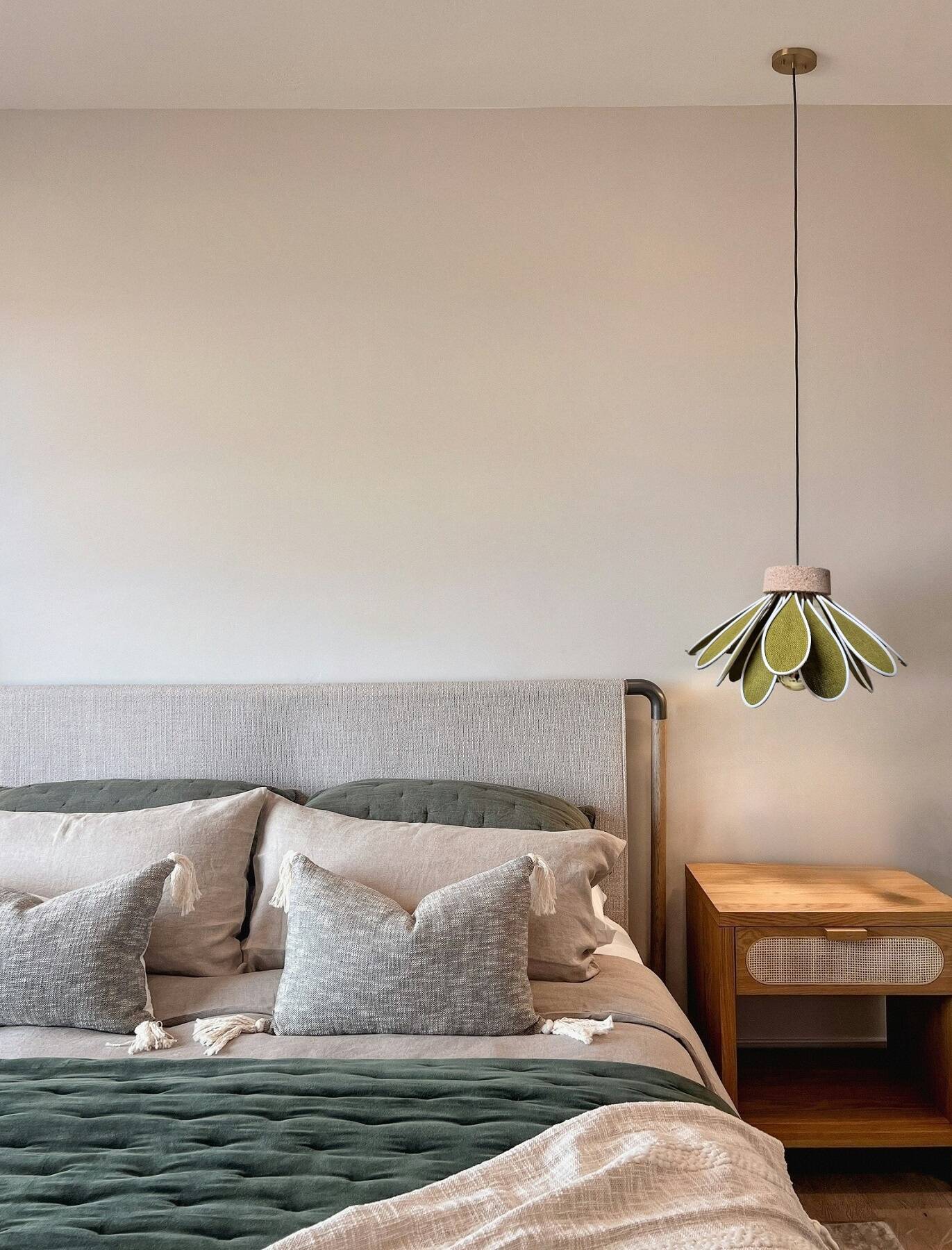 Iris flower pendant, 16 petals in olive green rattan and linen.