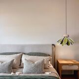 Iris flower pendant, 16 petals in olive green rattan and linen.