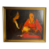 Huile sur toile reproduction De la Tour "Le nouveau né", encadrement doré XXème