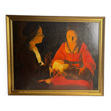 Huile sur toile reproduction De la Tour "Le nouveau né", encadrement doré XXème