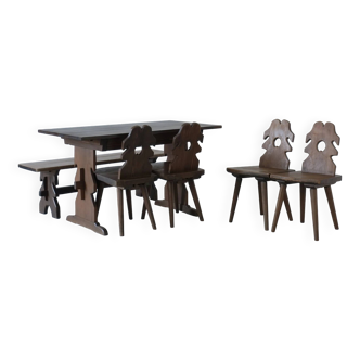 Alpine carved pine dining table set | 1950s