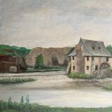 Huile sur carton début XXe moulin à eau cadre baguette