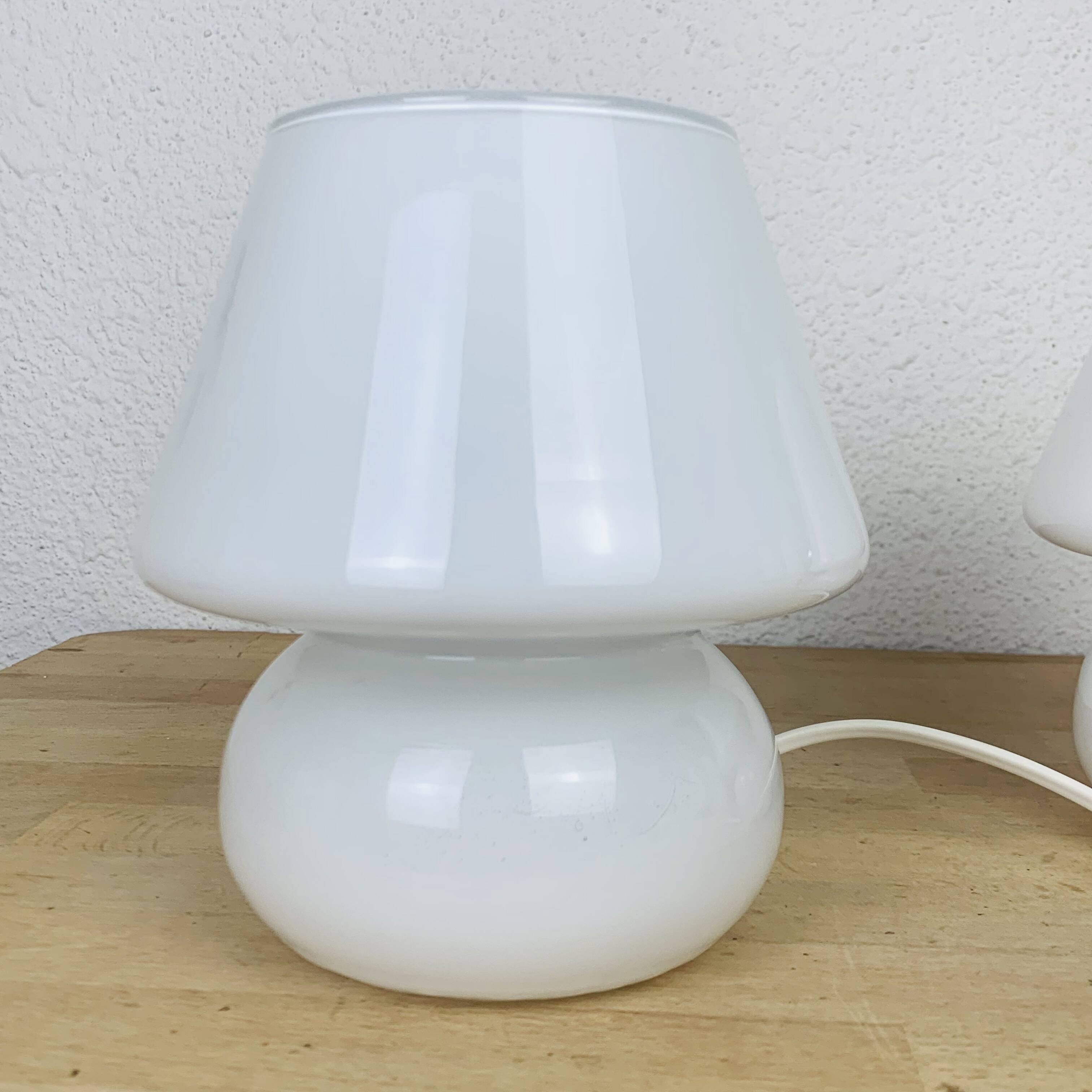Pair of white opaline mushroom lamps