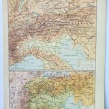 Old lithograph 1898, Alps, map, mountain • Engraving, Original plate