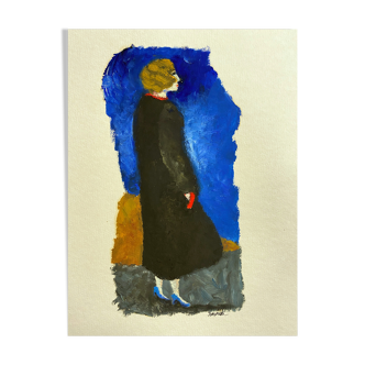 Tableau "Dame au manteau noir" HSP par J.M. Brossat (né en 1946)