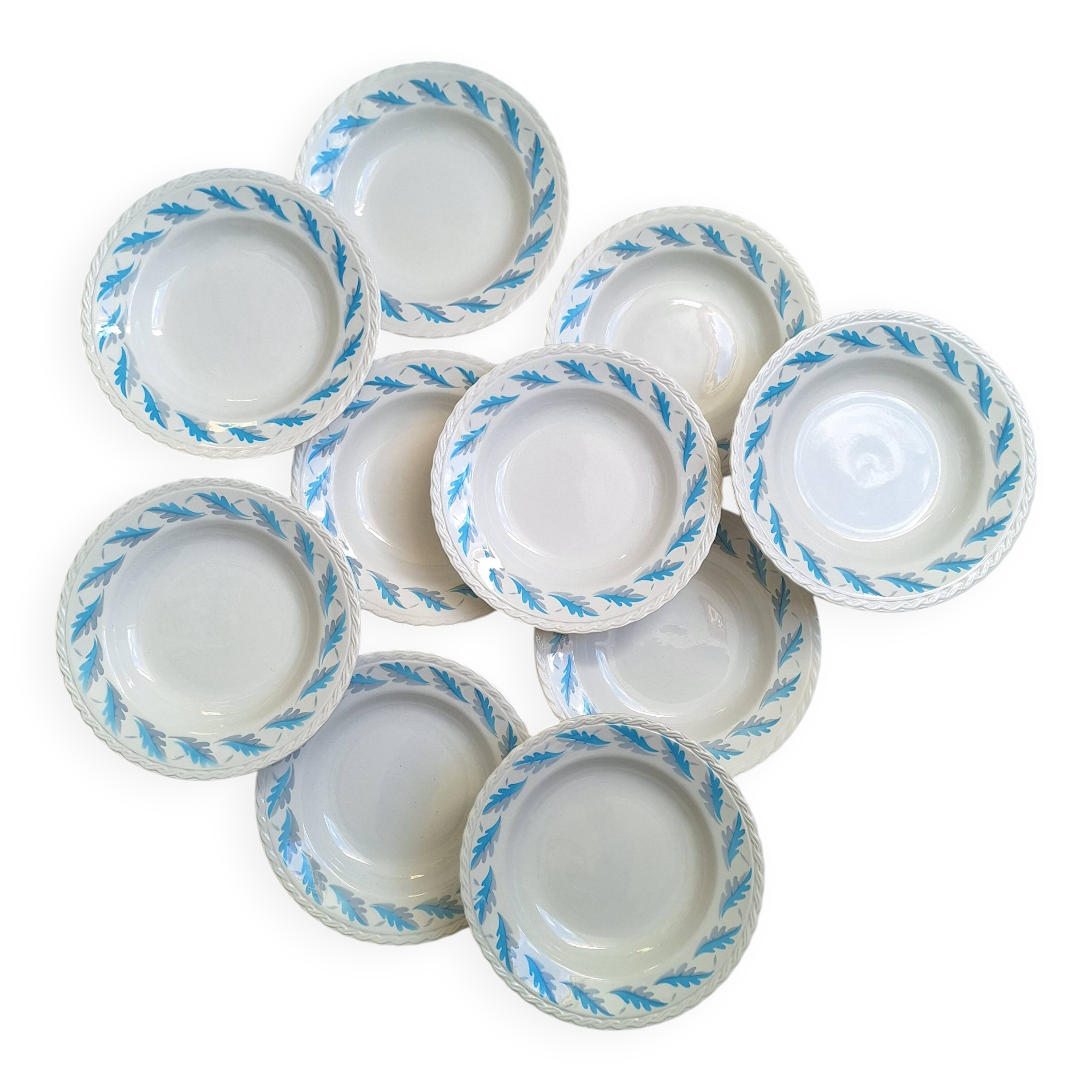 10 Amandinoise soup plates with blue oak leaves