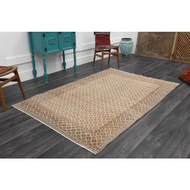 1970s Vintage Turkish Hand-Knotted Wool Cotton Beige Area Rug 149x226