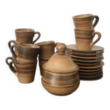 Service à café en grès Longchamps, circa 1960 - sucrier et 9 tasses avec soucoupes