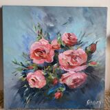 Oil on canvas painting of a bouquet of roses signed Paumier.