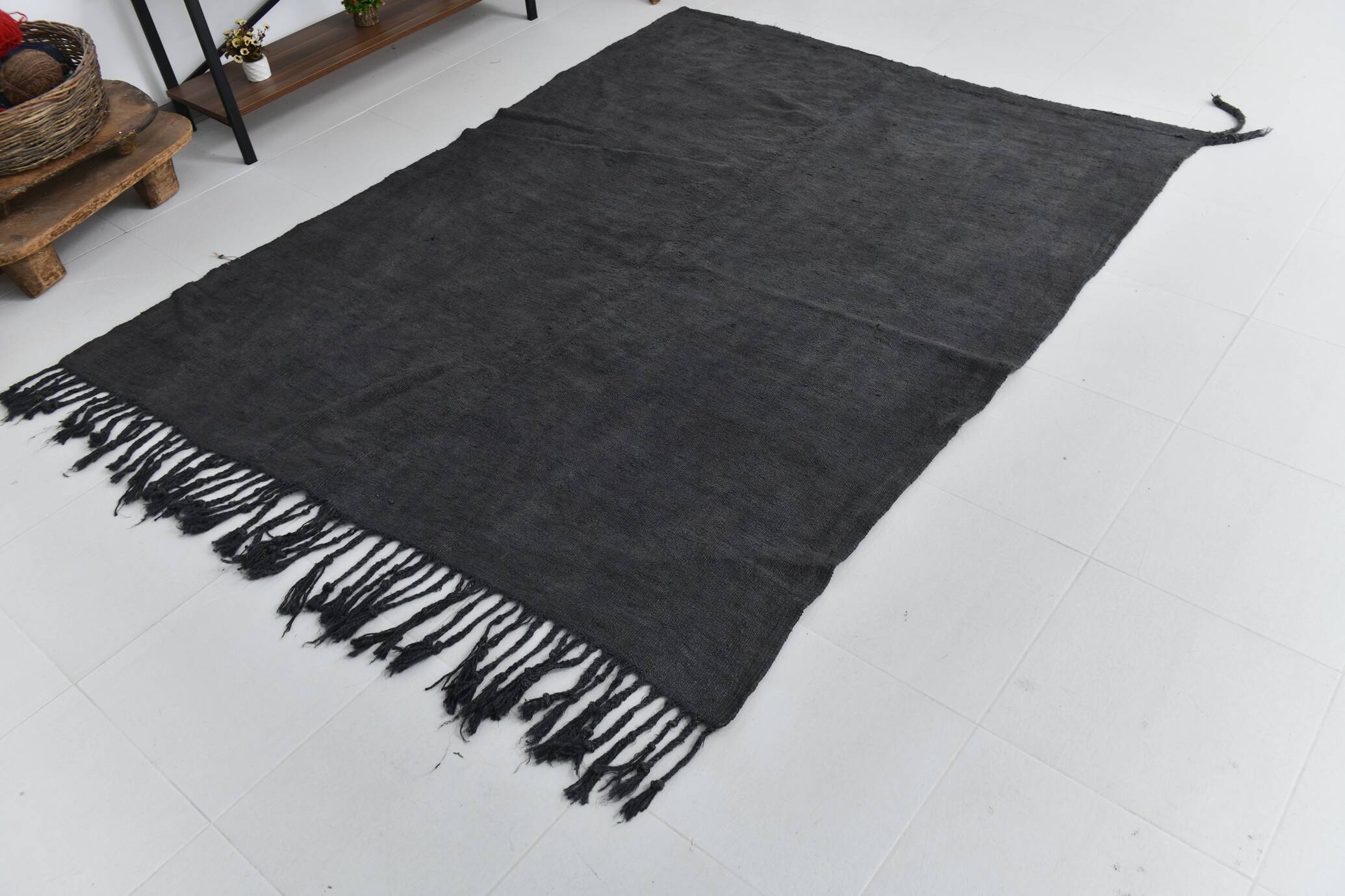 6x7 Charcoal Handwoven Anatolian Kilim Rug, 172x218 Cm