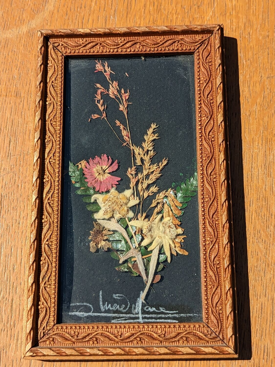 Vintage Cana of dried flowers with Edelweiss