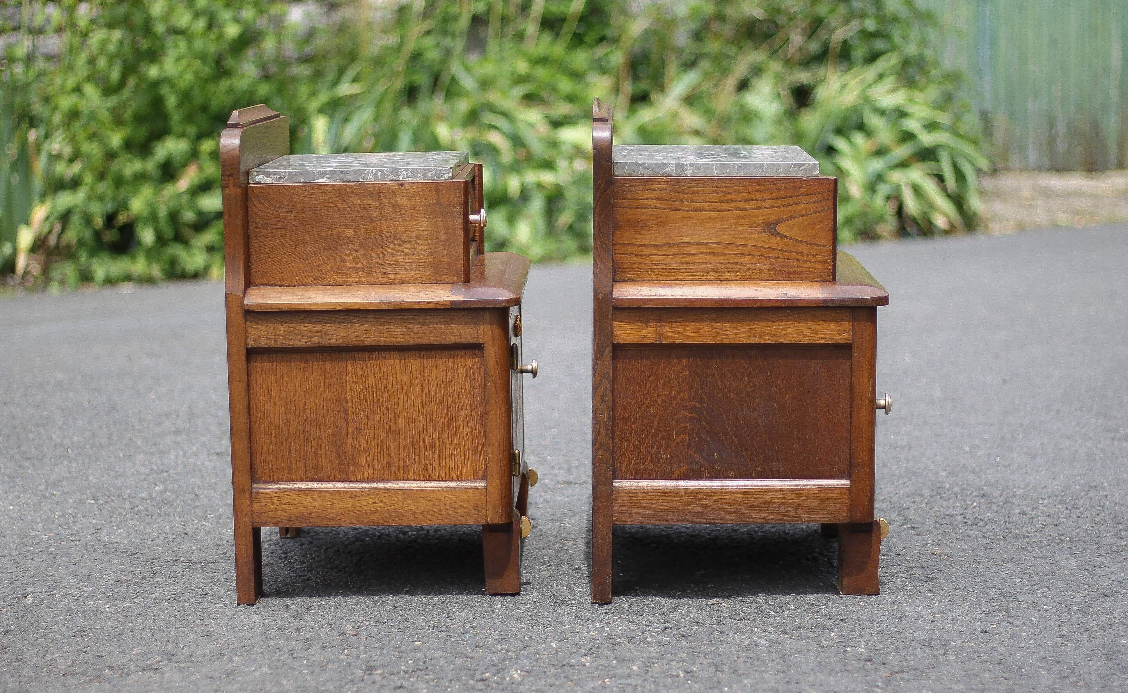 Pair of wooden nightstands, art deco style wooden bedside table, wood and marble table