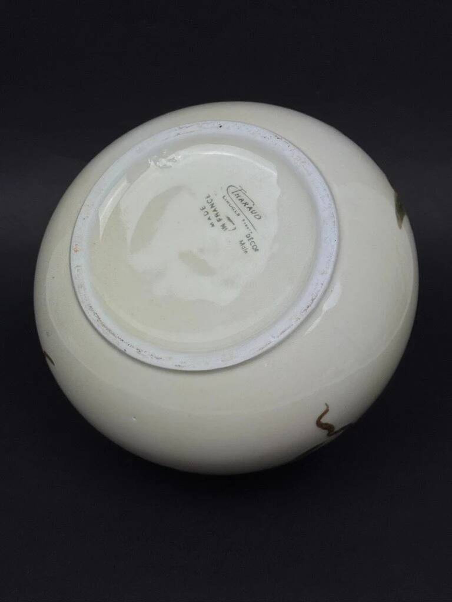 Tharaud Limoges, round vase with hand-painted foliage decoration, Art Nouveau
