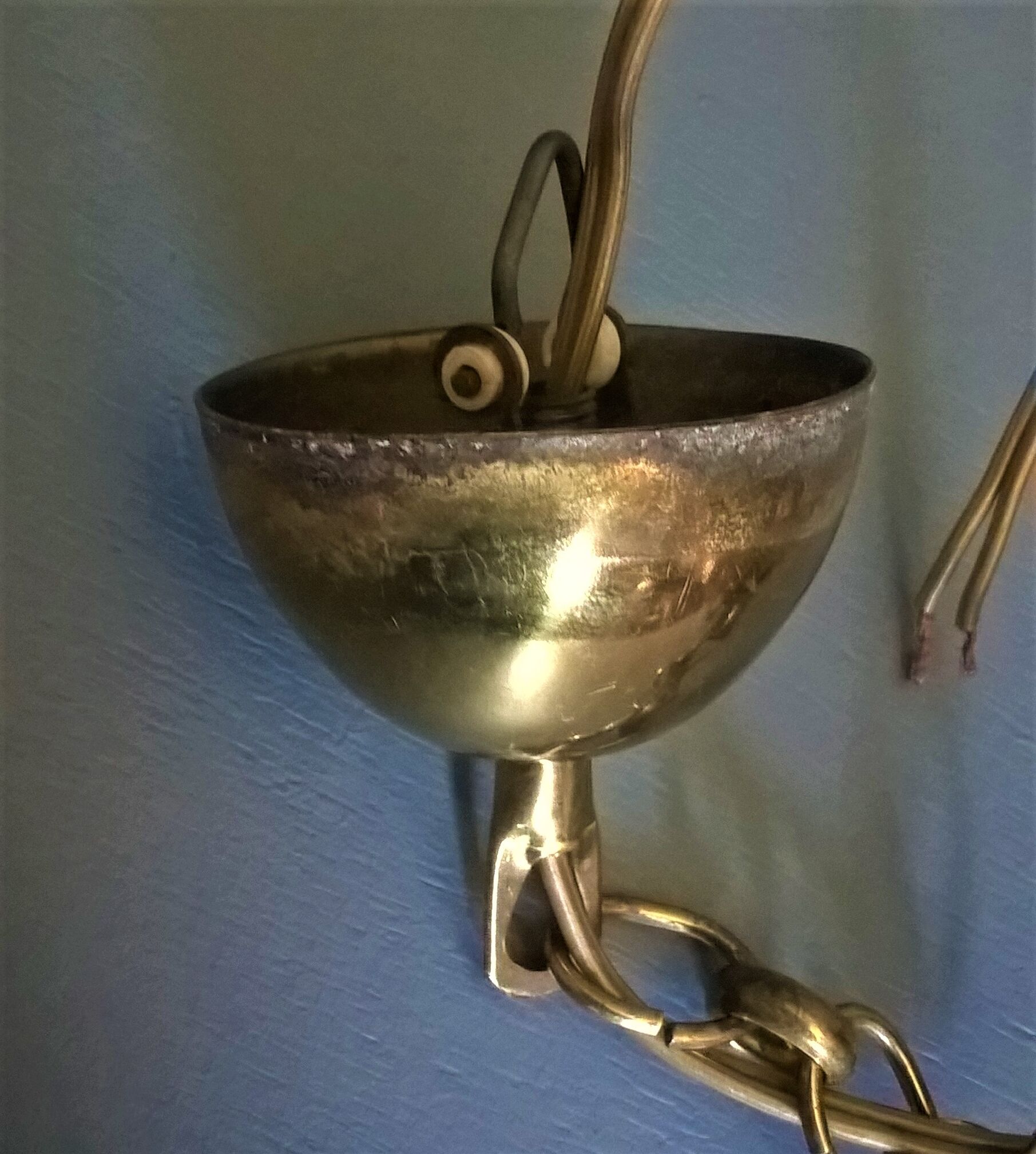 Chandelier lantern cage cylindrical two fires ~ glass and golden brass ~ 1950s/1960s