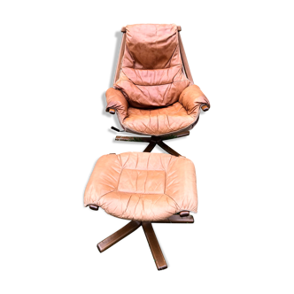 Fauteuil lounge et ottoman Göte Möbler Nassjo cuir années 70