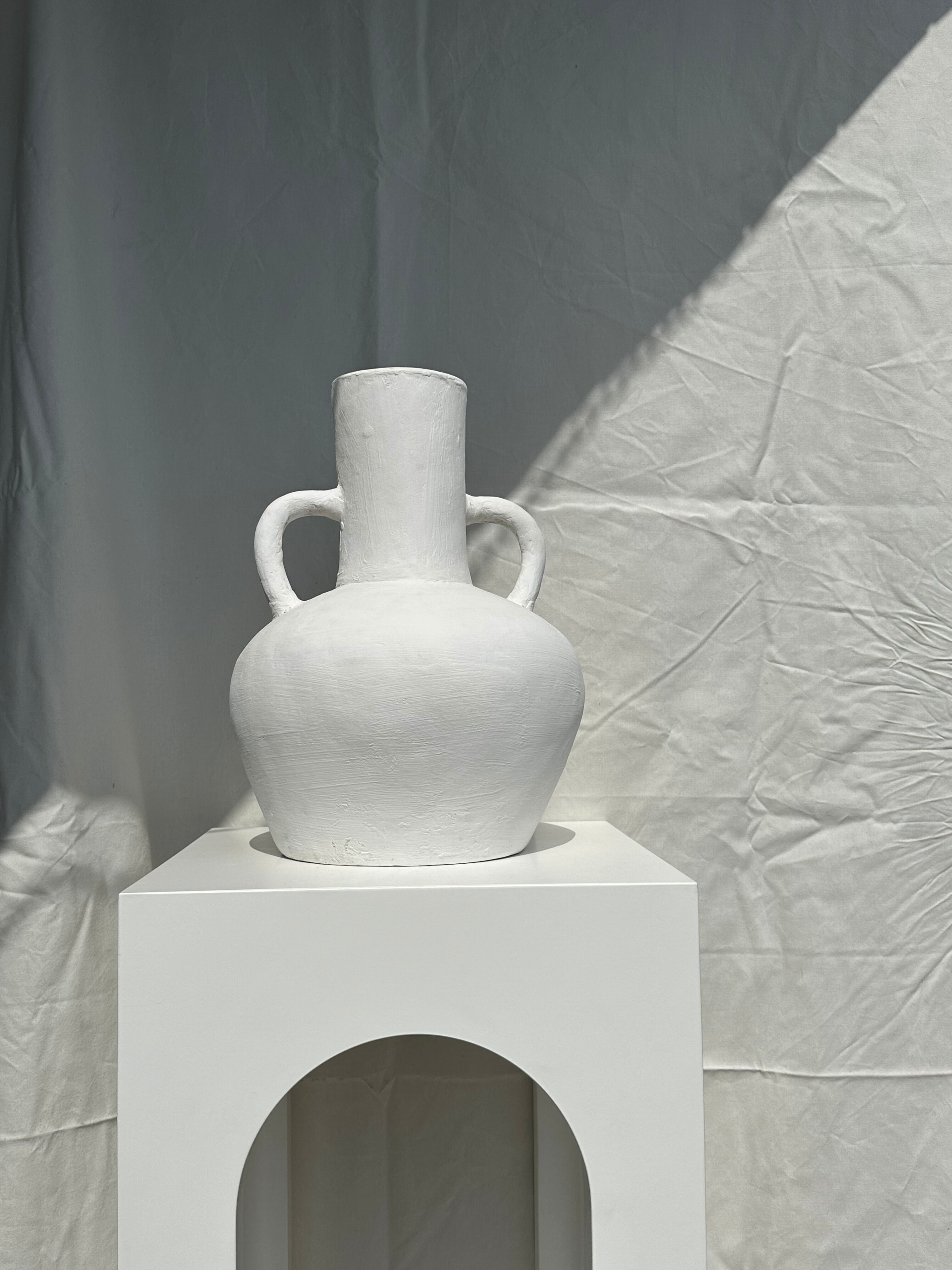 Handcrafted terracotta vase painted white with double handles h:40 d:30