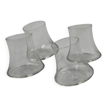 Set of 4 curved glass drinking glasses, modernist design.