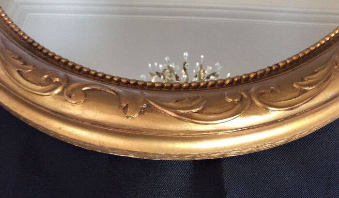 Large Baroque Mirror • Oval Arch • Carved Wood • Resin • 1950