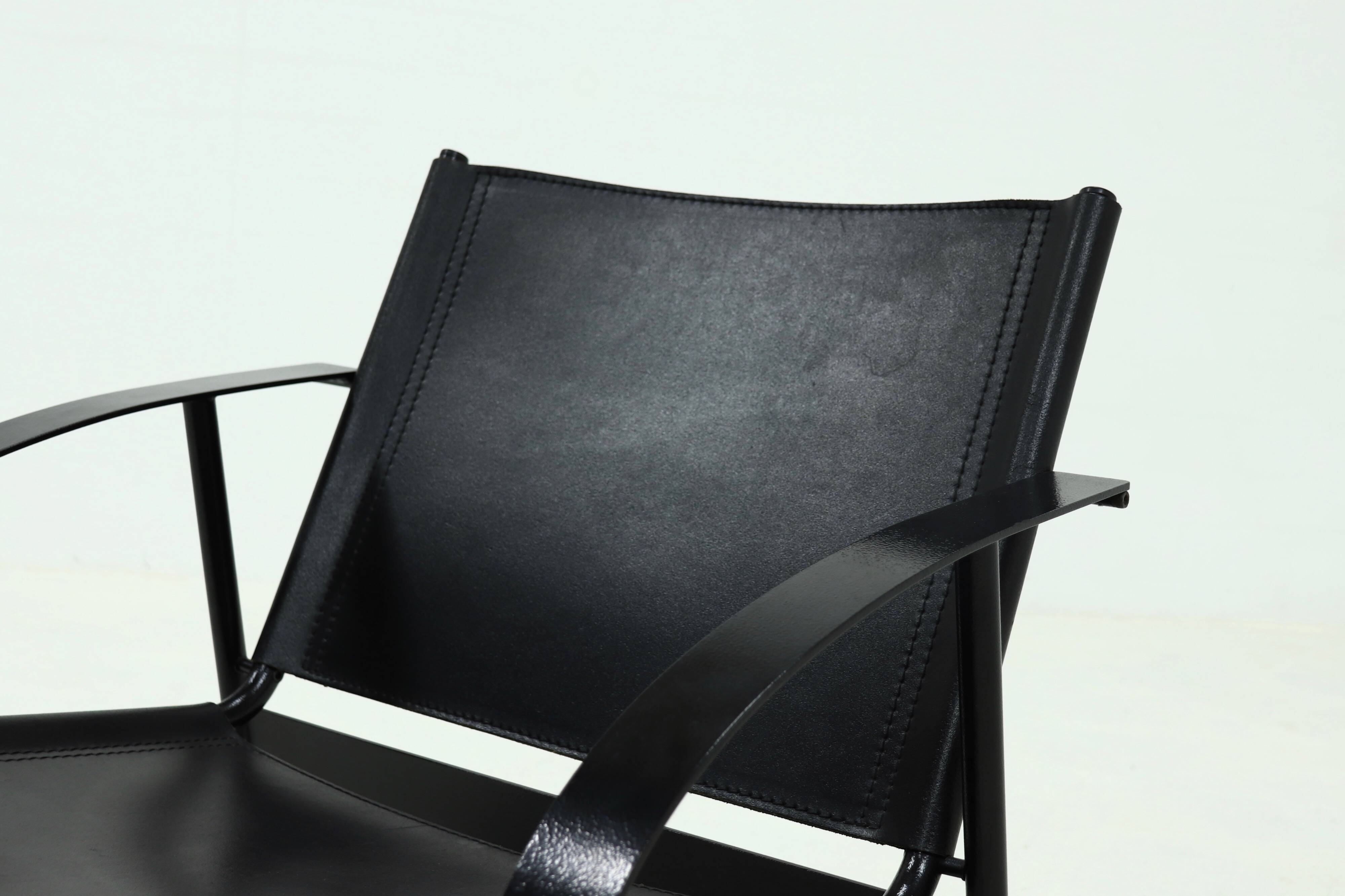 Post Modern Saddle Leather and Steel Lounge Chair 1980s