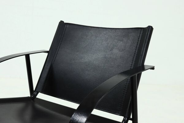 Fauteuil en cuir de selle post-moderne et acier des années 1980