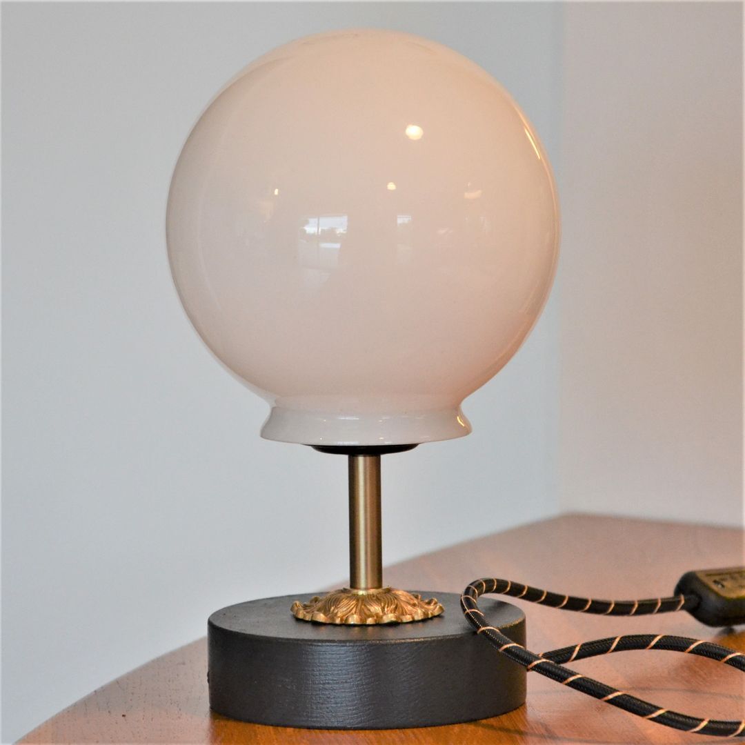White vintage globe table lamp, black and gold finishes
