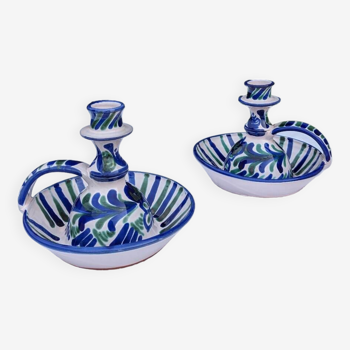 2 bougeoirs en céramique motifs verts bleus