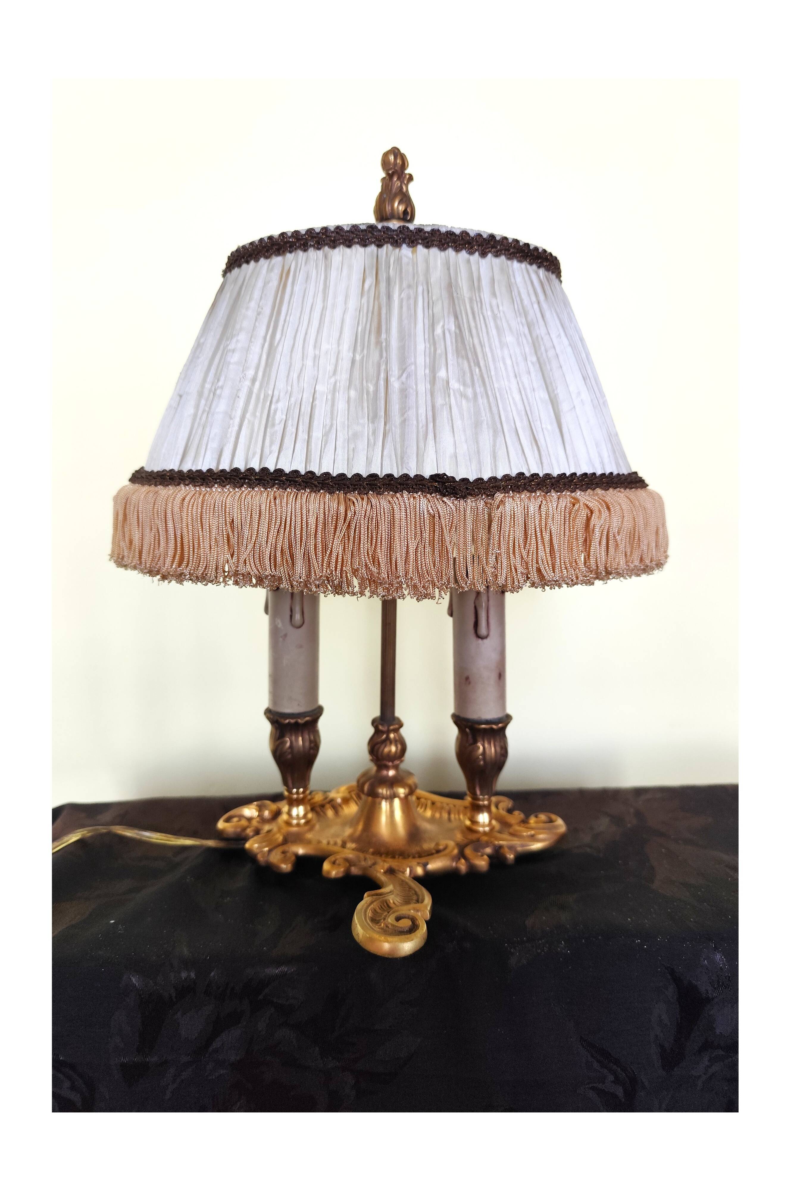 bronze bouillotte lamp with 2 lights and fabric shade
