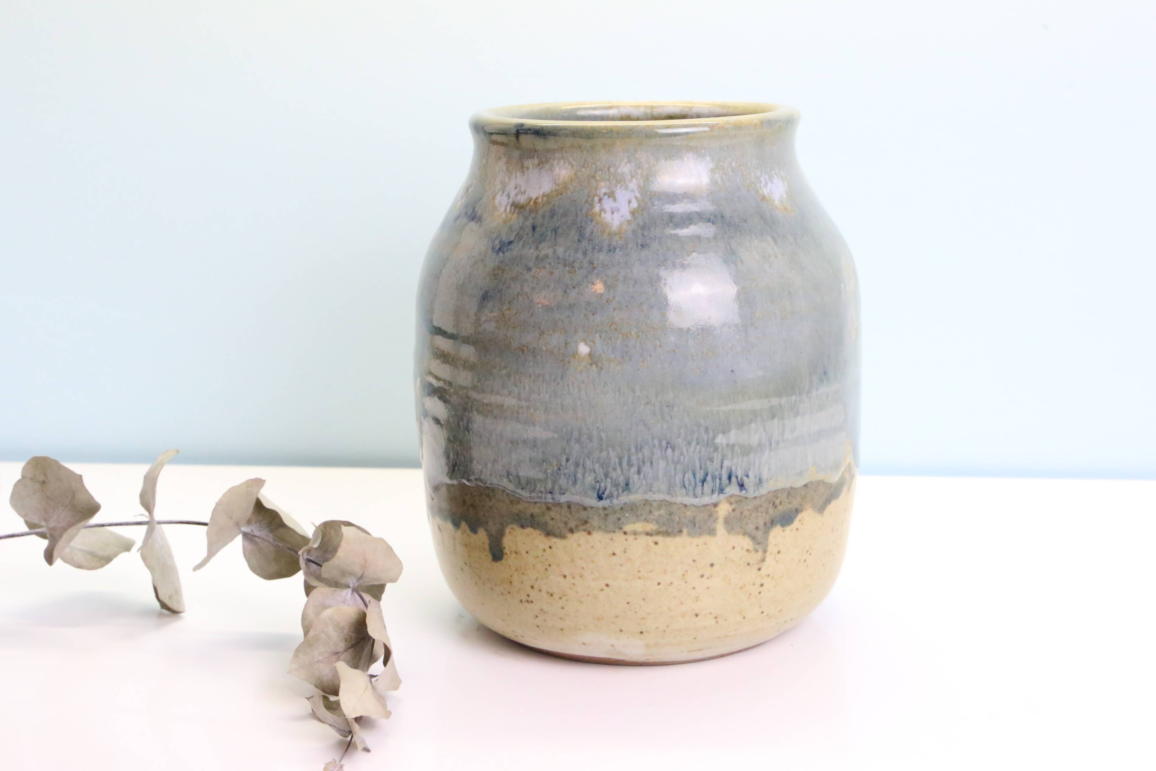 Large enamelled stoneware pot, Taizé pottery, blue and beige, vintage